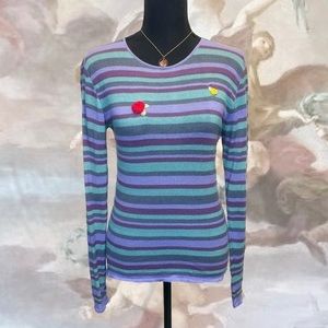 Purple Green Cashmere Striped Sweater Top Shirt Flowers Crochet Upcycled Cottage